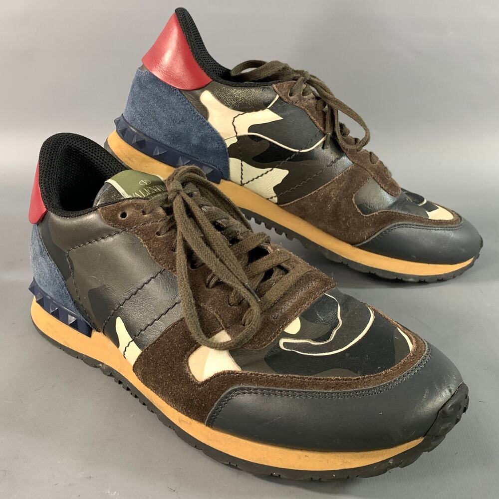VALENTINO Size 9 Navy Olive Camo Mixed Fabrics Runner Sneakers